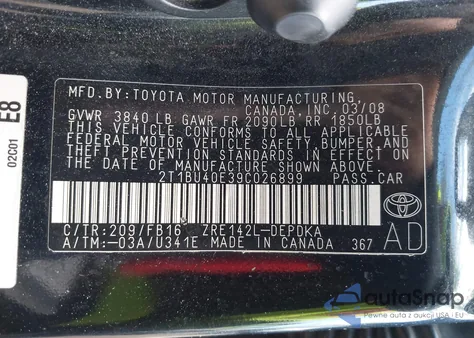 2009 Toyota Corolla Le z USA, uszkodzony, nr VIN 2T1BU40E39C026899